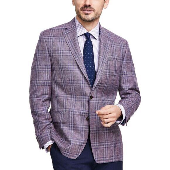 MICHAEL KORS Classic Fit Blazer NWT $375 2 Button Wool LinenSilk Berry Plaid 48L